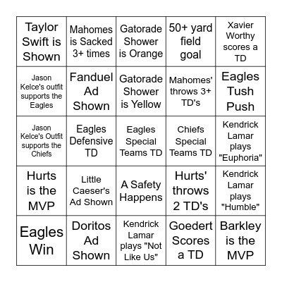 Super Bowl 2025 Bingo Card