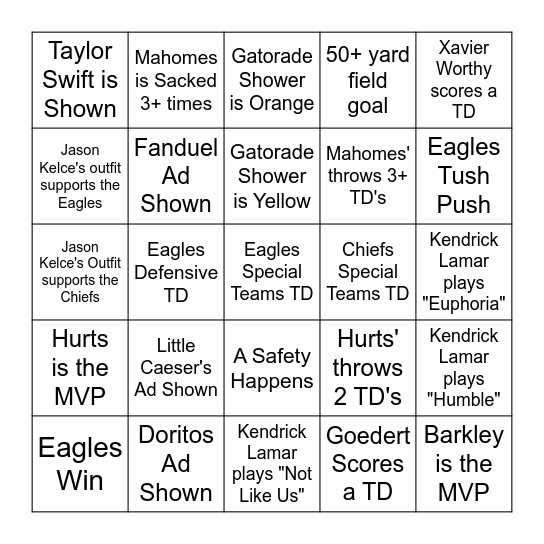 Super Bowl 2025 Bingo Card