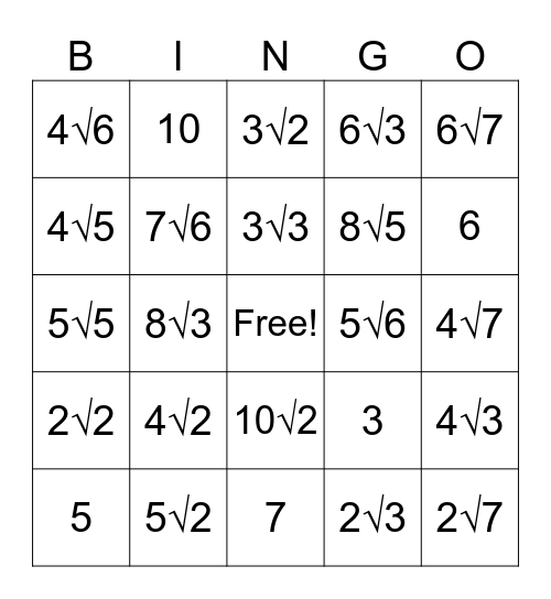 Simplifying Square Roots Bingo Card