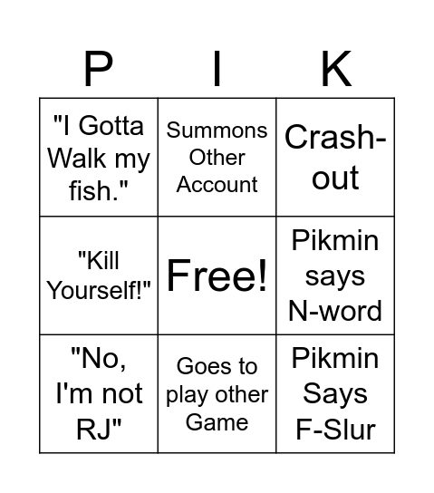 Pikmin Bingo Card