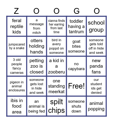 zoogo Bingo Card
