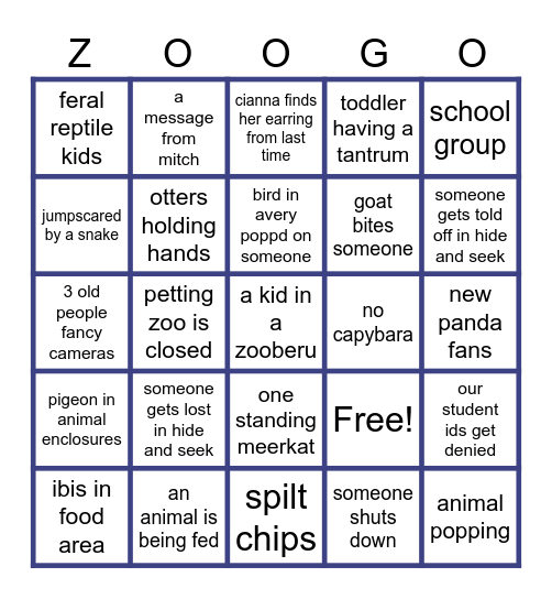 zoogo Bingo Card