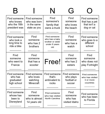 Deacons Bingo Card