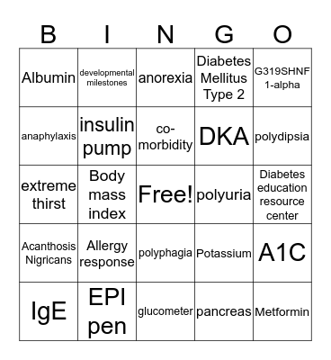 Pediatric Nutrition BINGO Card