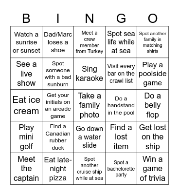 Cruise Bingo Card