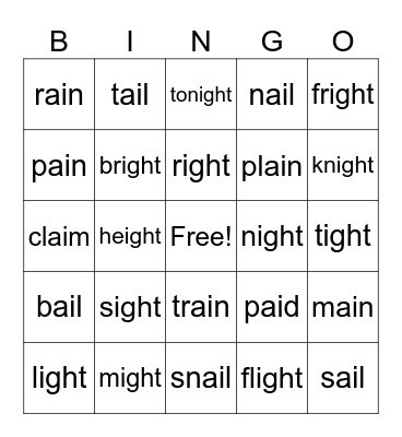 "ight" and "ai" Bingo Card