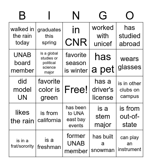 UNAB first meeting bingo Card