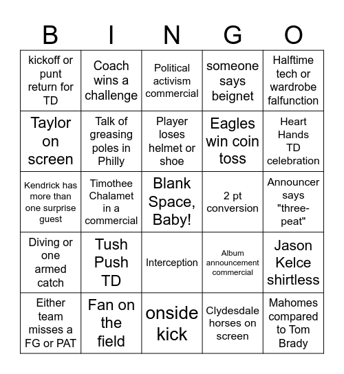 Super Bowl LIX Bingo Card