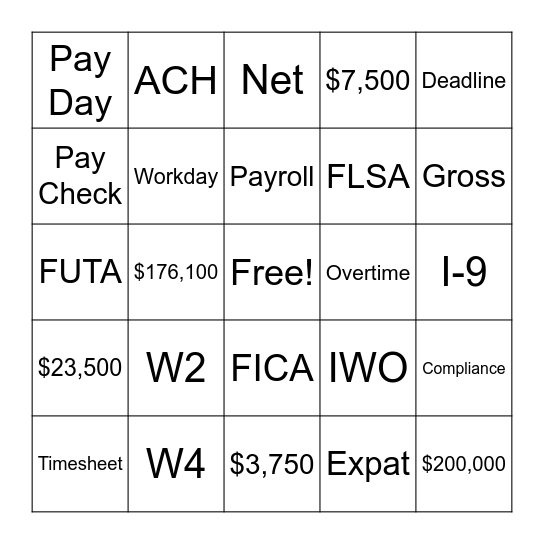 Payroll Bingo Card