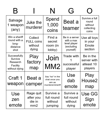 Roblox MM2 Bingo Card Bingo Card