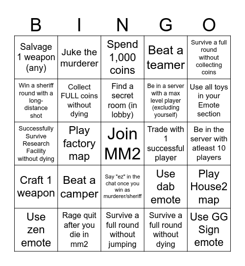Roblox MM2 Bingo Card Bingo Card