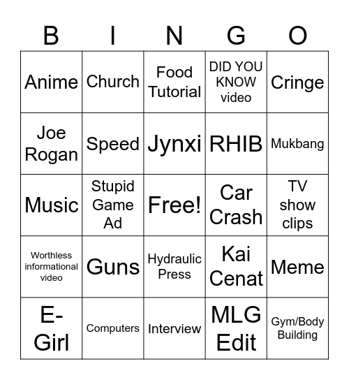 Youtube Shorts Bingo Card