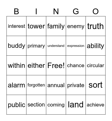 High Frequency Words Bingo Card