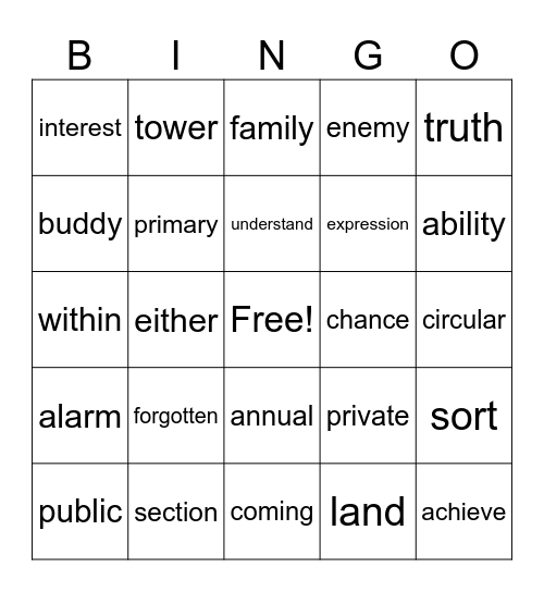 High Frequency Words Bingo Card