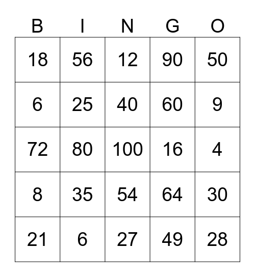 MULTIPLICATION BINGO Card