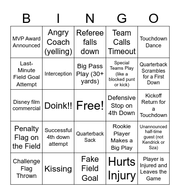2025 Super Bowl Bingo Card