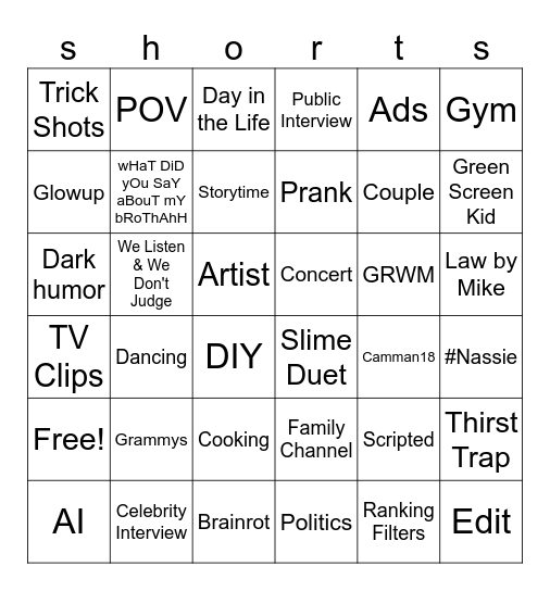 YT Shorts Bingo Card