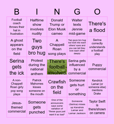 Super Bowl Shenanigans Bingo Card