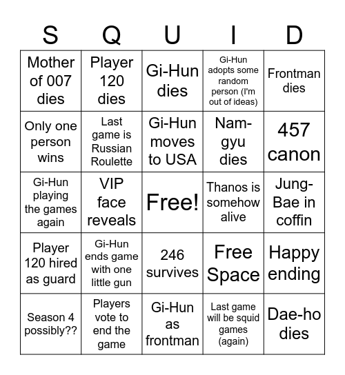Squid Game Season 3 predictions Bingo Card