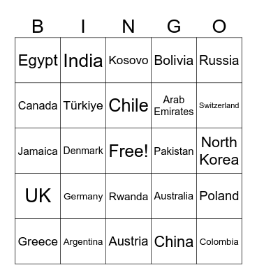 Countries Bingo Card