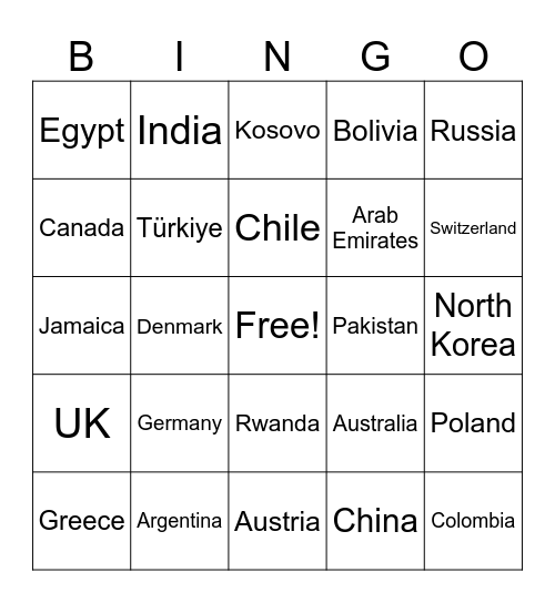 Countries Bingo Card