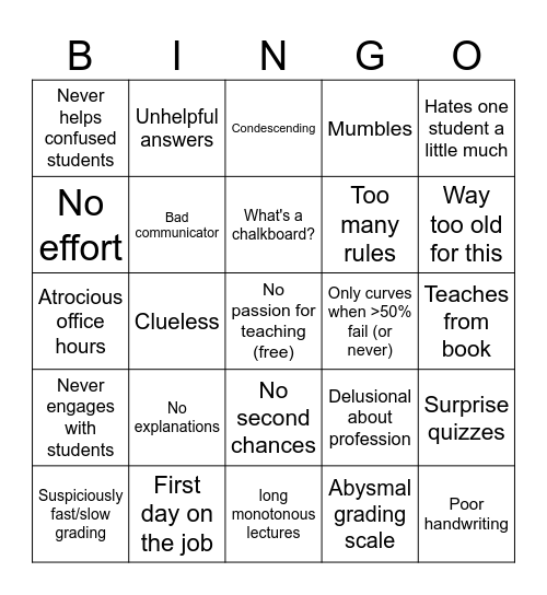 Poorly Performing Professor Bingo Card