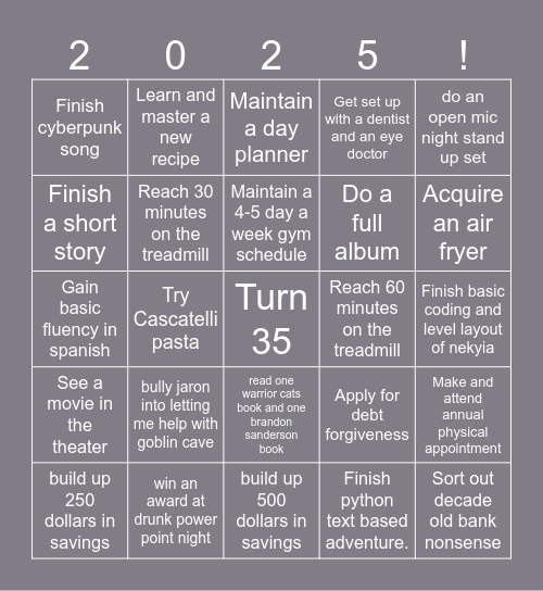Snails New Years Bingo Card