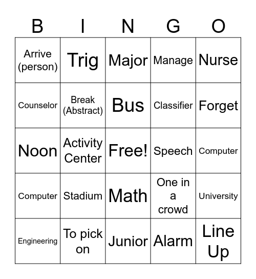 School Days (ASL) Bingo Card