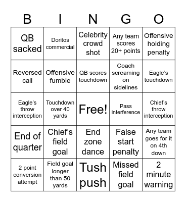 Eagles vs Chief Bingo Card