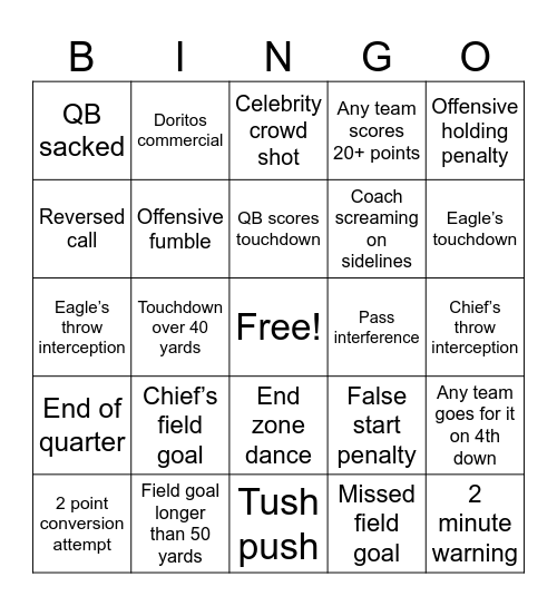Eagles vs Chief Bingo Card