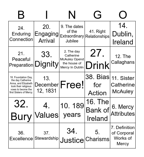 Mercy Day Bingo Card