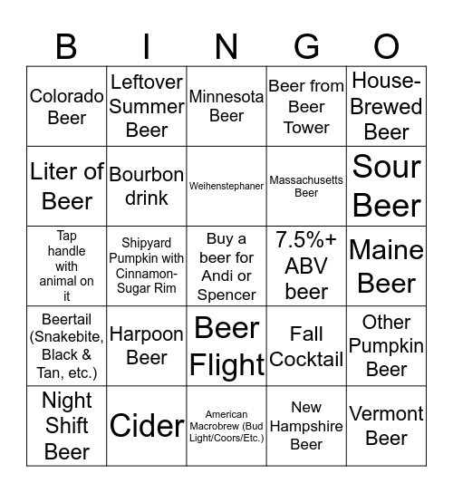 Fall Pub Crawl Beer-INGO Bingo Card