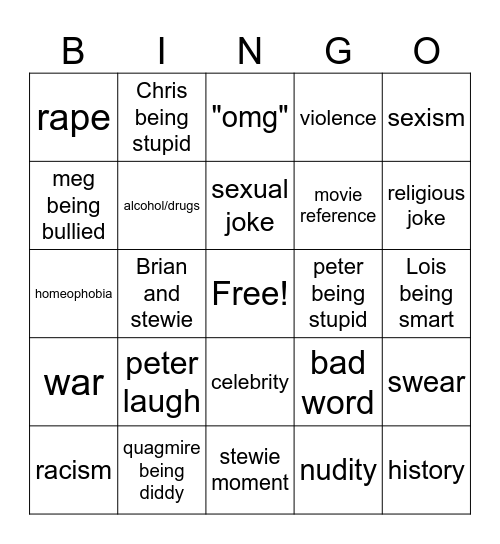 family guy Bingo Card