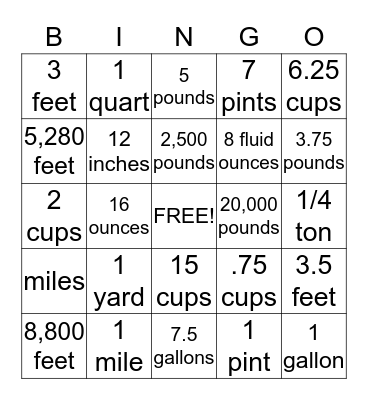 Customary Units Bingo Card