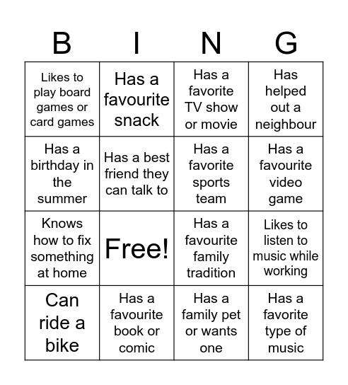 Getting to Know You Bingo Card