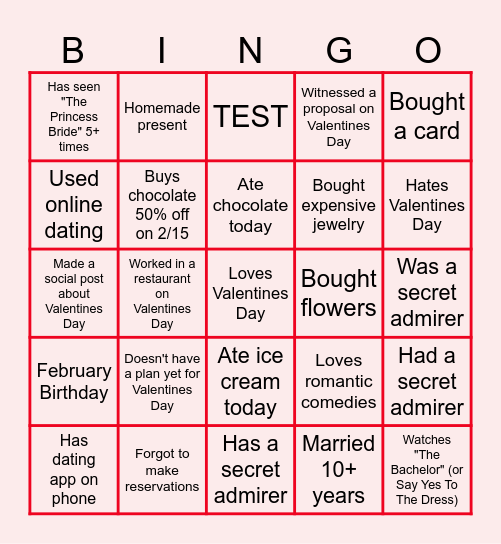 Virtual Valentine's Day Bingo Card