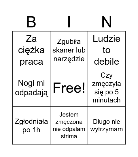 Bingo po 1 dniu pracy Bingo Card