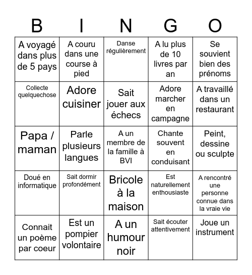BVI Class of 25 Bingo des Talents Bingo Card