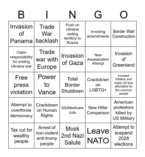 Trump Government Bingo Card