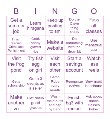 New Years Resolutions Bingo Card