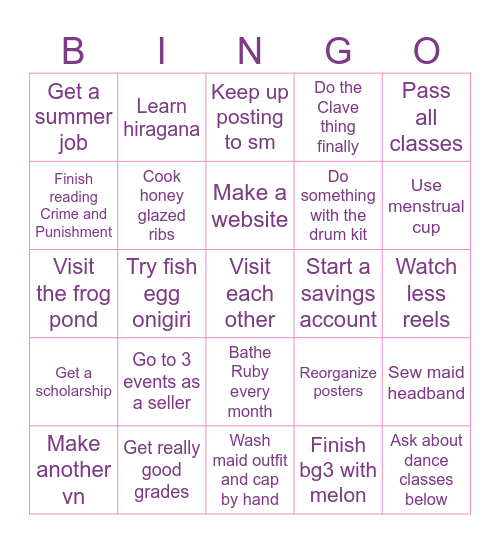 New Years Resolutions Bingo Card