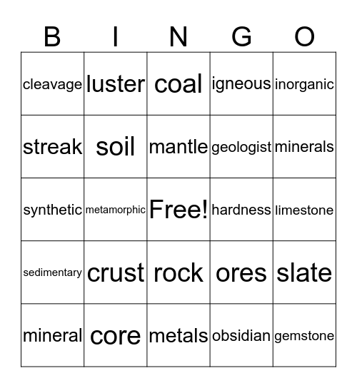 Rocks and Minerals Bingo Card