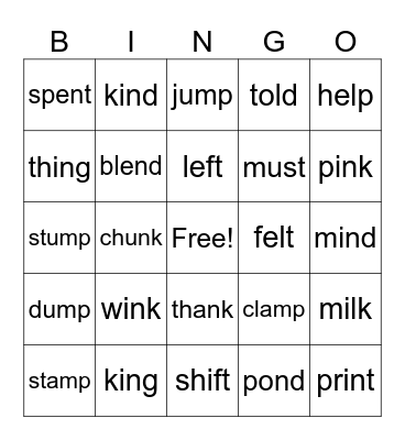 End Consonants Bingo Card