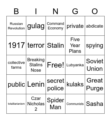 Russian Revolution and Totalitarianism Bingo Card