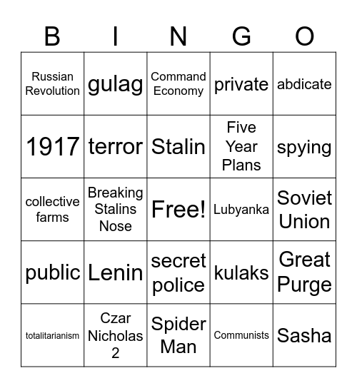 Russian Revolution and Totalitarianism Bingo Card