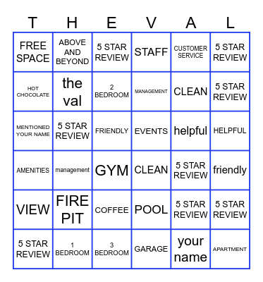 The Val Google Reviews Bingo Card