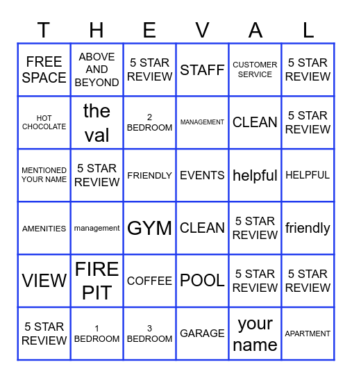 The Val Google Reviews Bingo Card