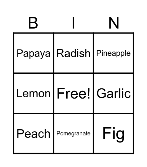"Food and Drinks" Bingo Card