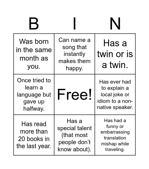 Find someone who Bingo Card