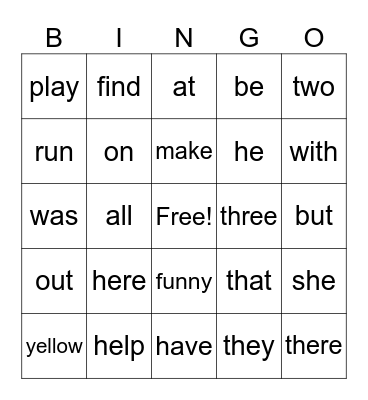 Sight Word Bingo Card
